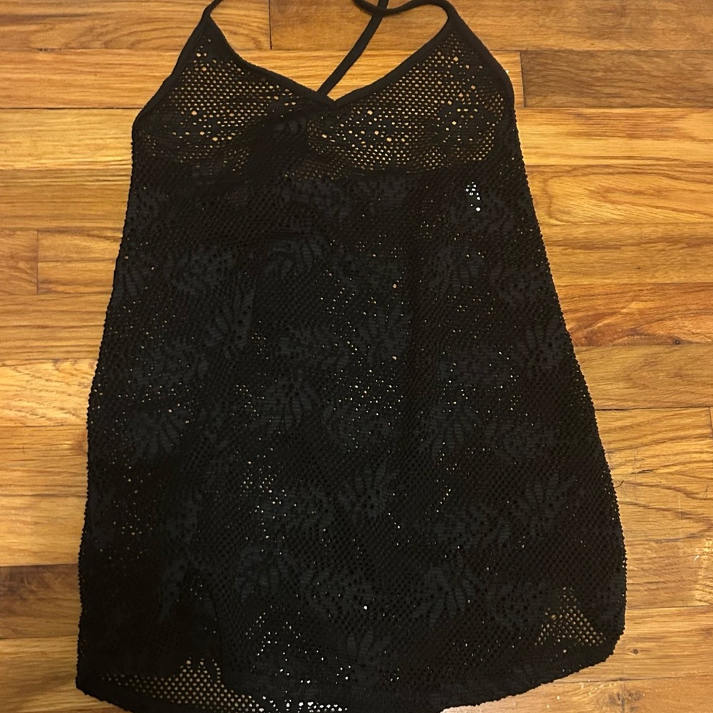 Black mesh see through razor back top